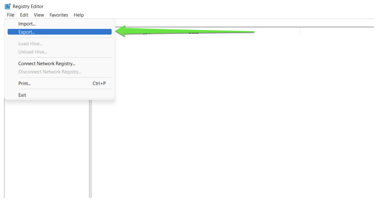 After the Registry Editor app appears, select File > Export